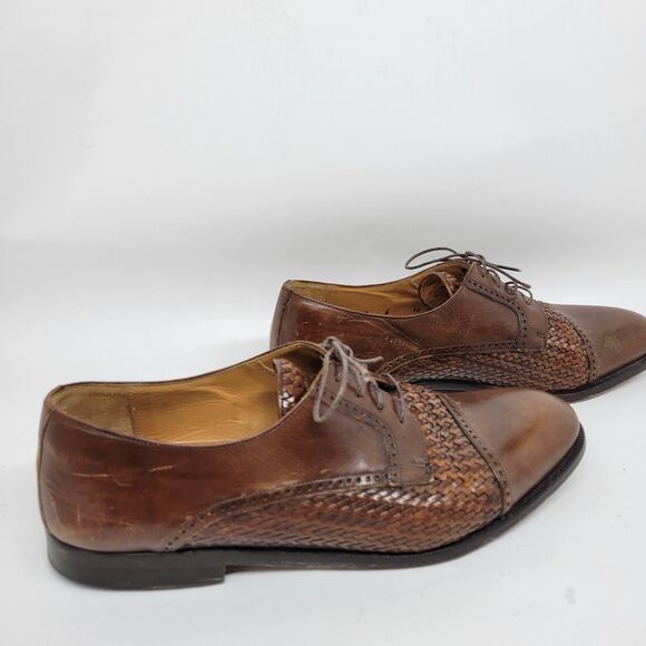 Peter Huber Mens Brown Leather Woven Cap Toe Derbys Size US 10 M Made In Spain - Picture 6 of 16